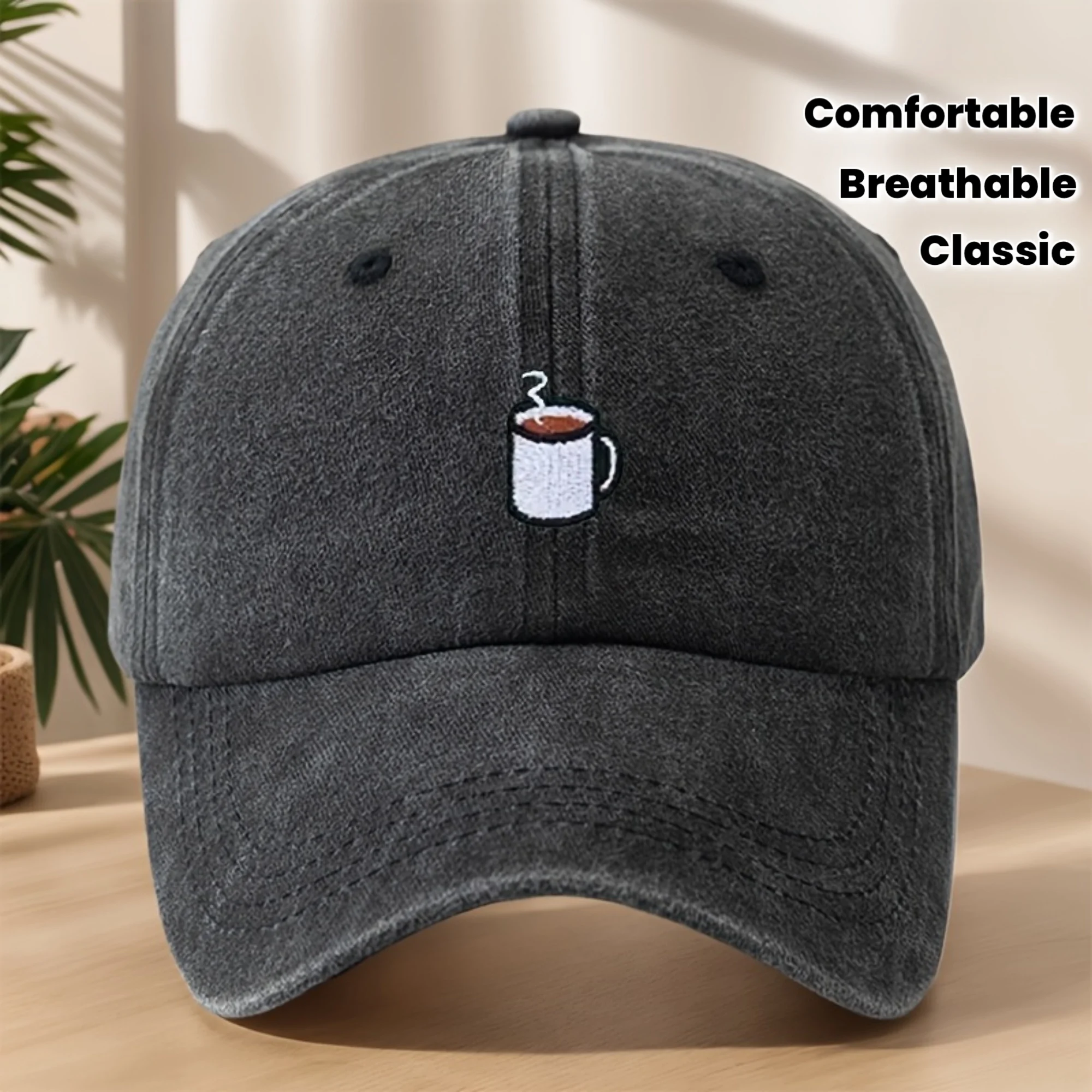 

High-Quality Baseball Cap with Coffee Cup Embroidery, Lightweight, Soft, Comfortable, Sweat-Absorbing, Breathable, Classic Washe