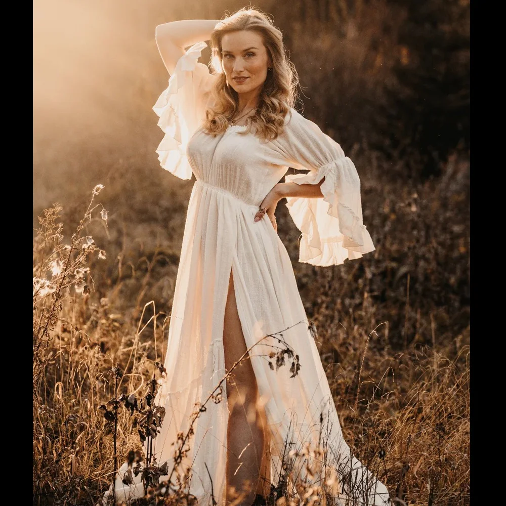 Bohemian Photo Shooting Pregnancy Dress Linen Cotton One Shoulder Long Sleeves Two piece set Maternity Photography Props Dress