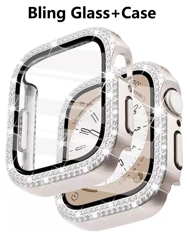 Bling Glass+Cover For Apple Watch Case 44mm 45mm 41mm 40mm 42mm 44 mm Diamond bumper+Screen Protector iwatch series 7 9 8 5 6 SE