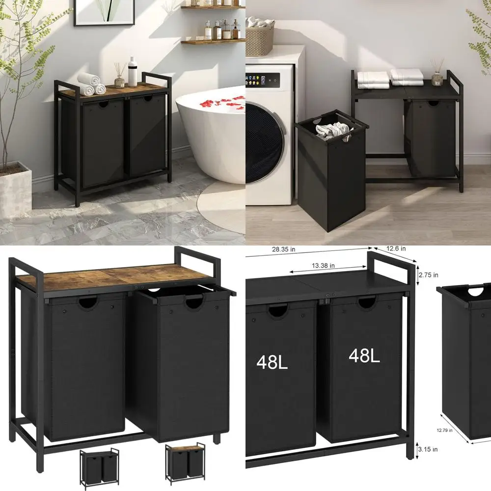 

Двухцветная корзина для белья объемом 48 л с 2 съемными мешками-сортирователями и полкой для хранения для организации дома