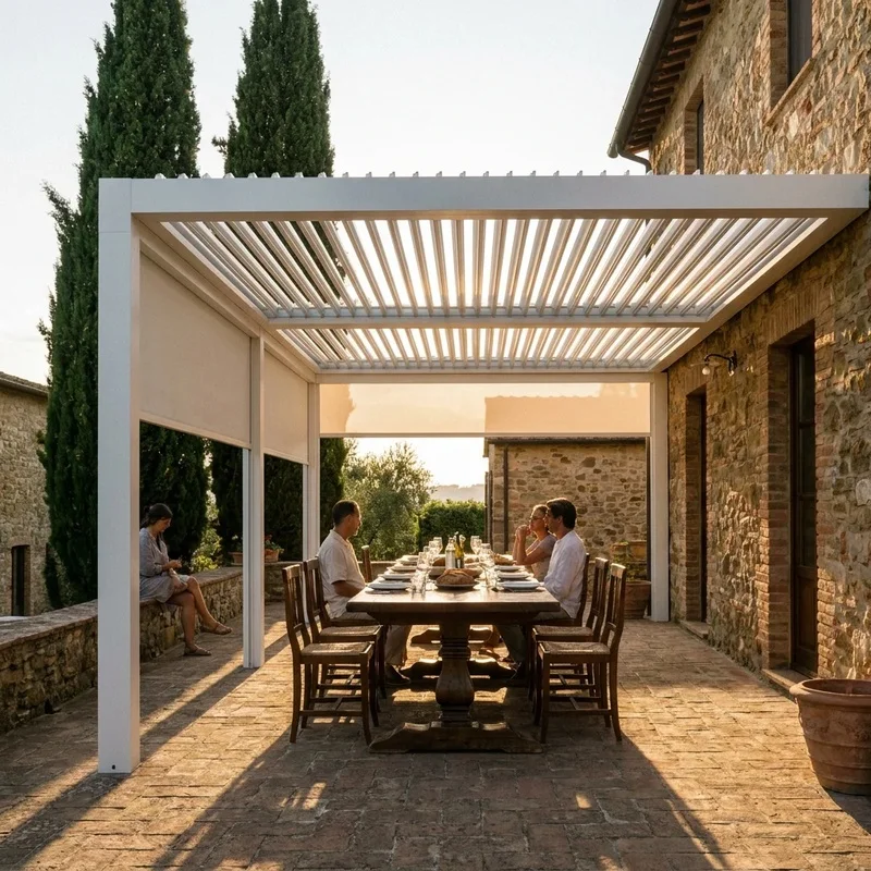 Wall Mounted Pergola with Foldable Louvered Canopy and Retractable Blinds Balcony Narrow Alley Shop Front Aluminium Gazebo