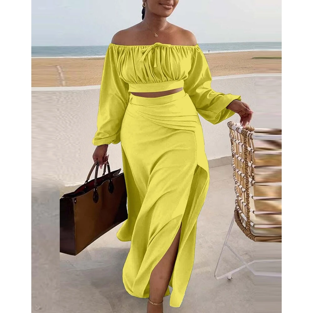 Women Ruched Two Pieces Long Sleeve Dress Set Lantern Sleeve Off Shoulder Crop Top & Side Slit Maxi Skirt Set Streetwear