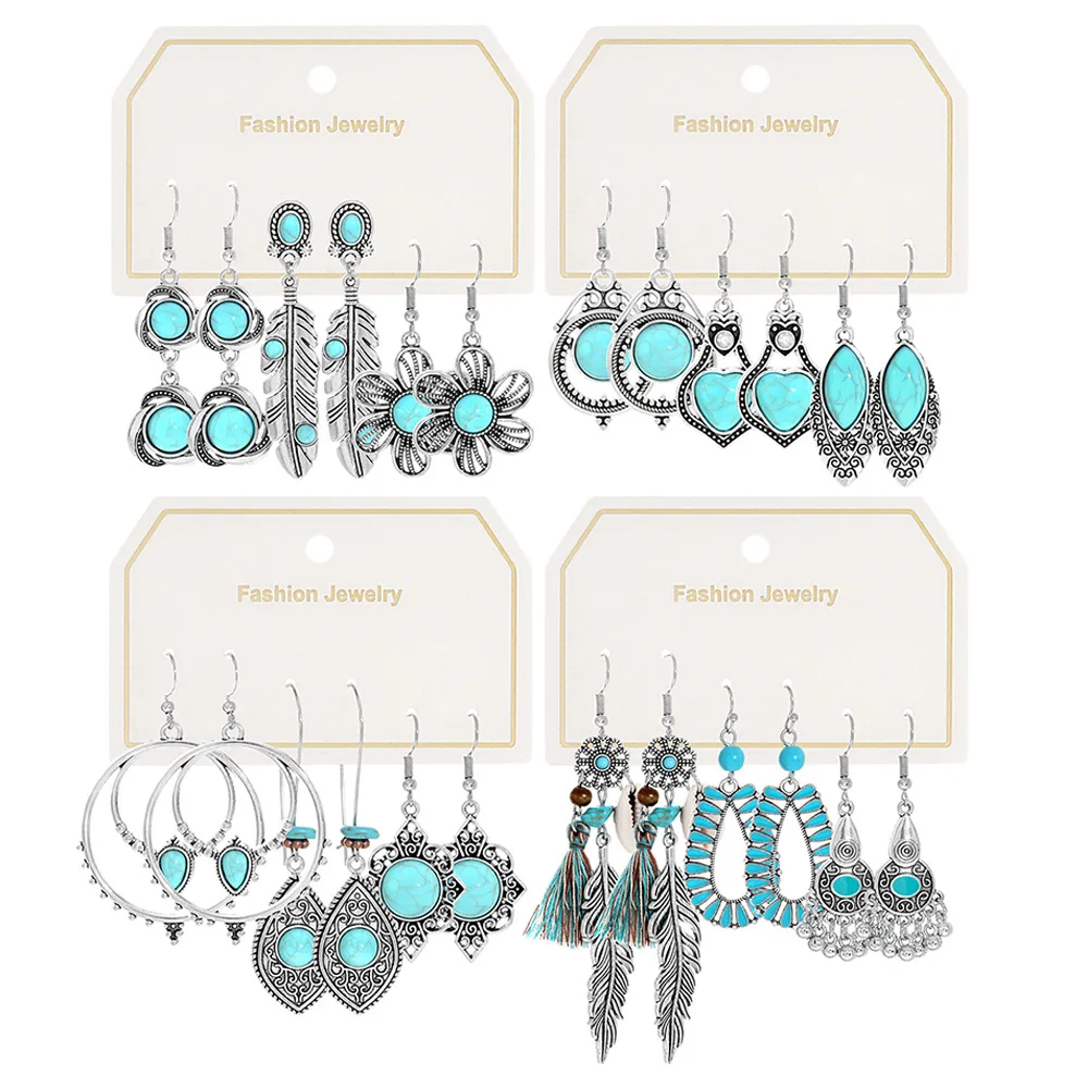

Classic Retro 2025 New Earring Set Women Bohemian Blue Stone Silver Plated Geometric Flower Earrings Piercing Pendientes Jewelry