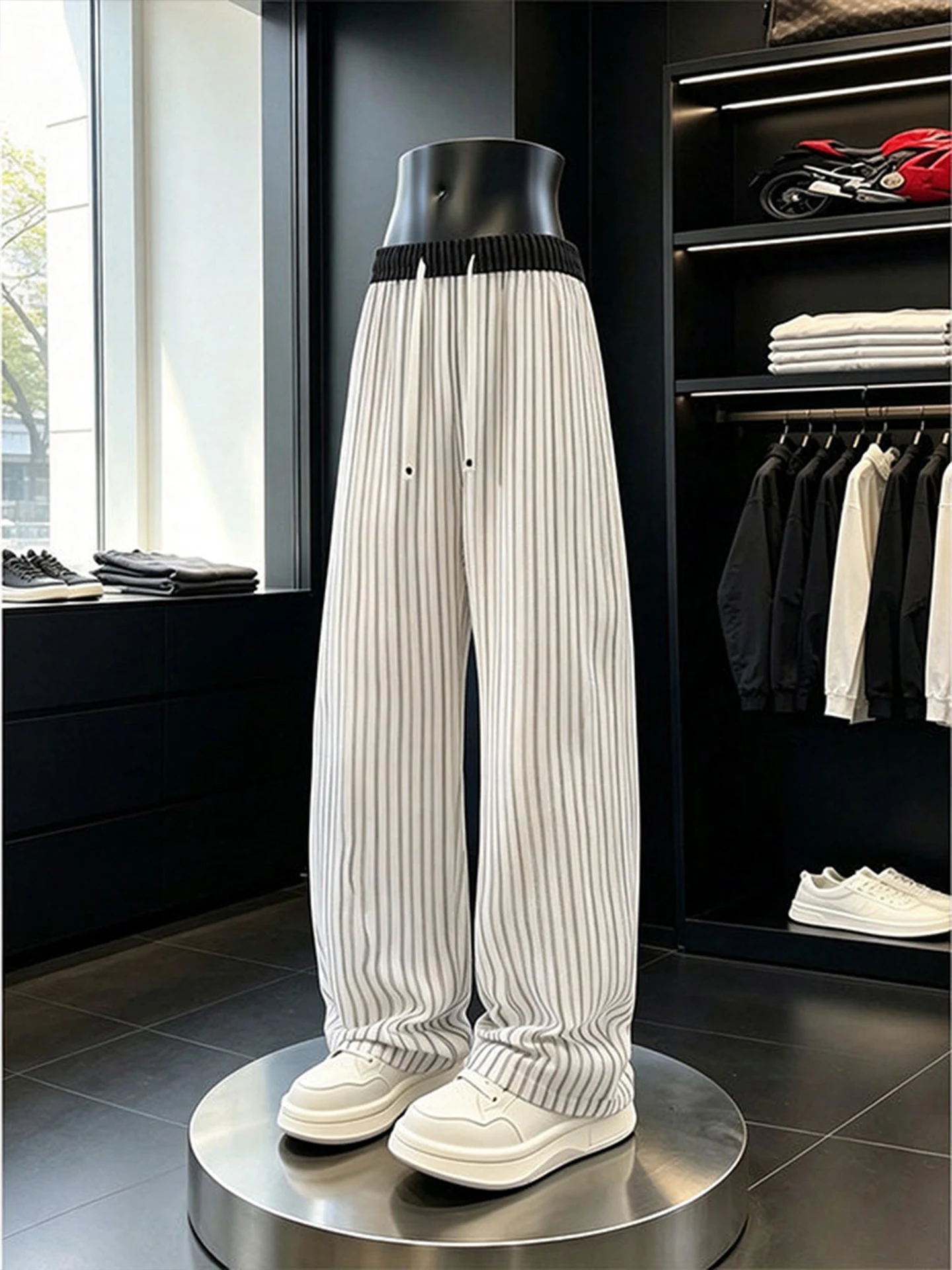 Cooling Ice Silk Men's Casual Pants Vertical Stripes High Waist Straight Leg Summer Comfortable Loose Fit Fashionable Trousers