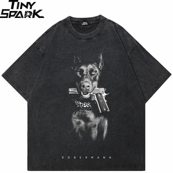 Hip Hop 2024 Vintage Washed Black T-Shirt Streetwear Doberman Dog Gun Graphic T Shirt Cotton Unisex Tshirt Men Tops Tee Hipster