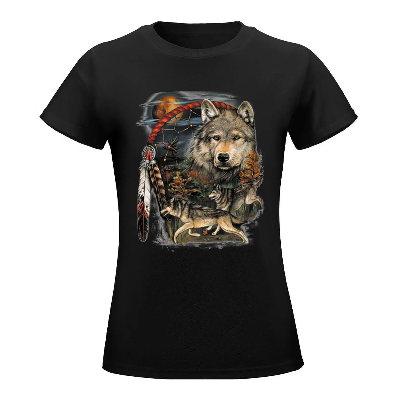 Three Wolves Hunting in Moonlight T-Shirt kawaii clothes cute tops summer clothes T-shirt Women