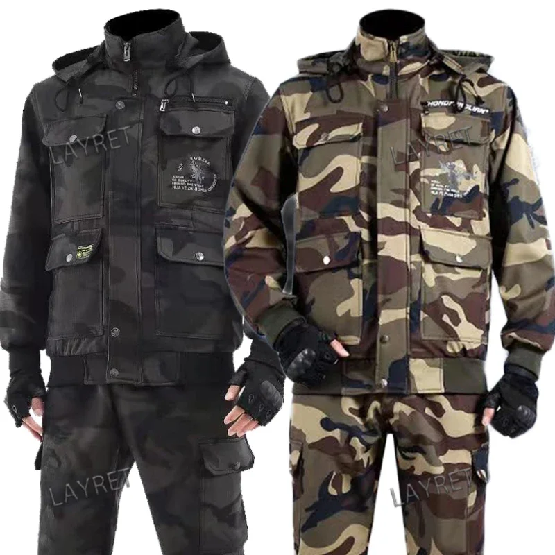 Outing Men Work Clothes Labor Protection Clothing Warm Multi Pocket Thickened Wear-resistant Autumn Winter Plush Camouflage Set