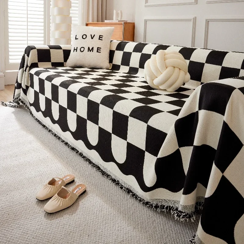 Chenille Black and White Checkerboard Sofa Towel All Season Universal Sofa Cover All-inclusive Dust Proof Seat Cushion Blankets