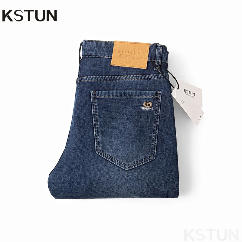 KSTUN 2024 Men Warm Jeans Thicken Fleece-Lined Stretch Male Denim Pants Slim Straight  Business Casual Trousers Autumn Winter