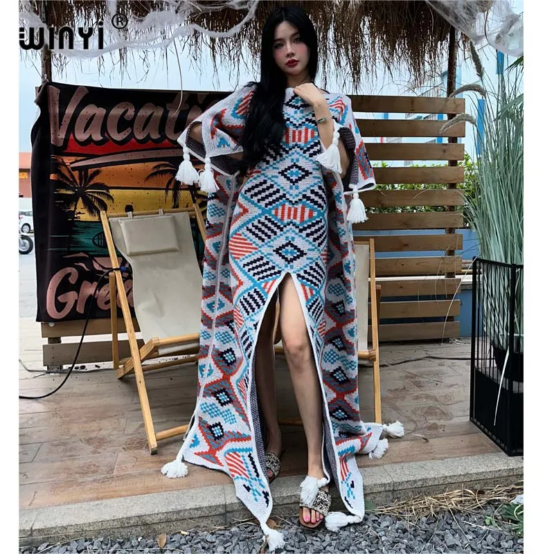 

WINYI Geometric print Warm fashion Caftan Africa Holiday dress Elegant party winter فساتين طويلة women vestidos para mujer