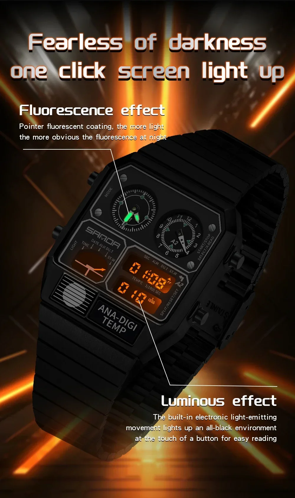 SANDA 3192 Quadratische elektronische Uhr für junge Männer, lässige multifunktionale Armbanduhr mit Thermometer, Stoppuhr, Chronograph – Detail 5
