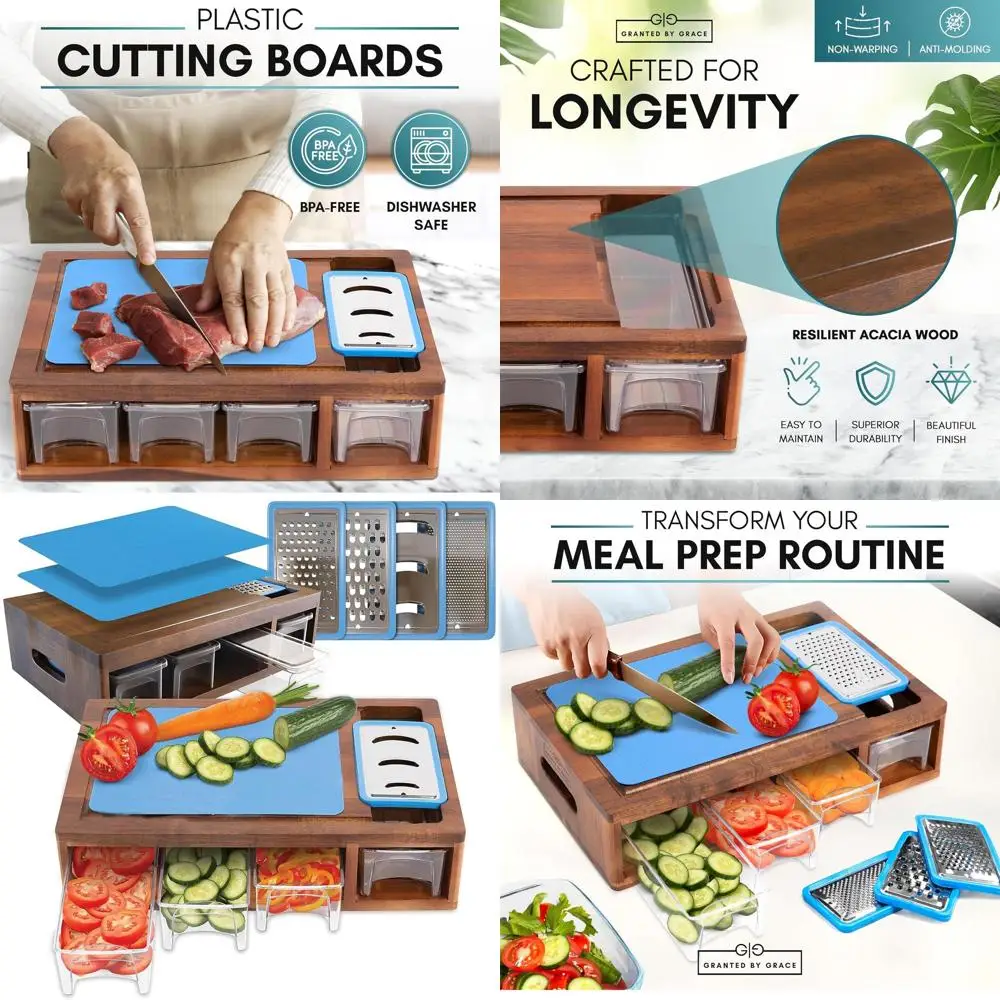 

Набор разделочных досок для приготовления еды акации с контейнерами, тертками, разделочными досками, пазом для сока и многого другого