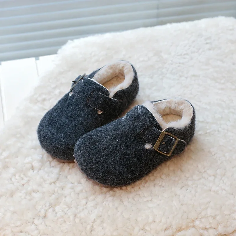 Kids Warm Cotton Shoes Winter New Boys Girls Flat Fur Cover Toe Light Warm Shoes Non Slip Leisure Comfy Soft Sole Plush Slippers