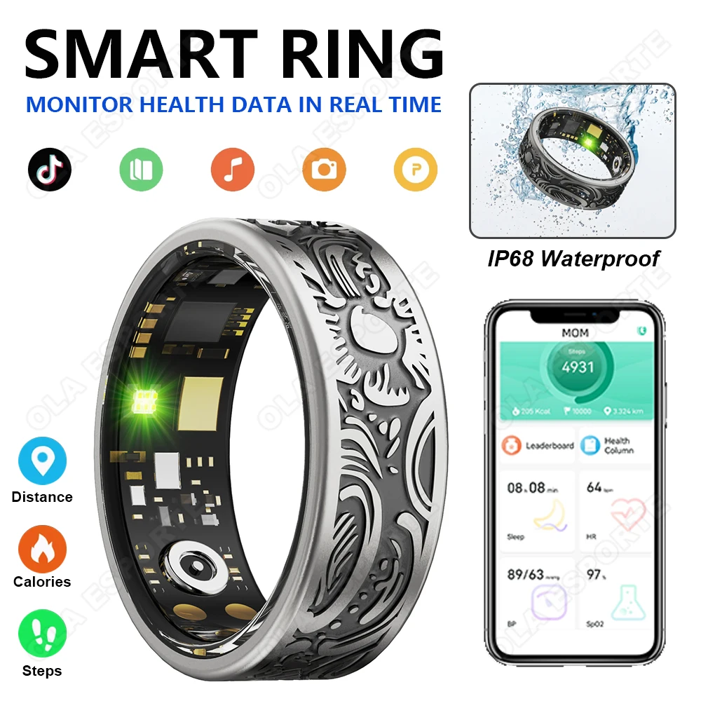 

Retro Smart Ring For Men Women Waterproof Heart Rate Sleep Monitoring Low Power Consumption Multiple Sports Modes Fitness Rings