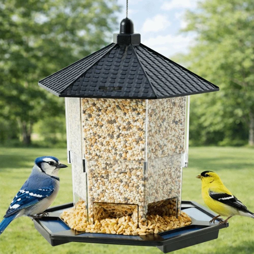 

Squirrel Proof Hanging Bird Feeder Transparent Plastic Bird Food Dispenser Large Capacity Tower Shape Bird Feeding Station