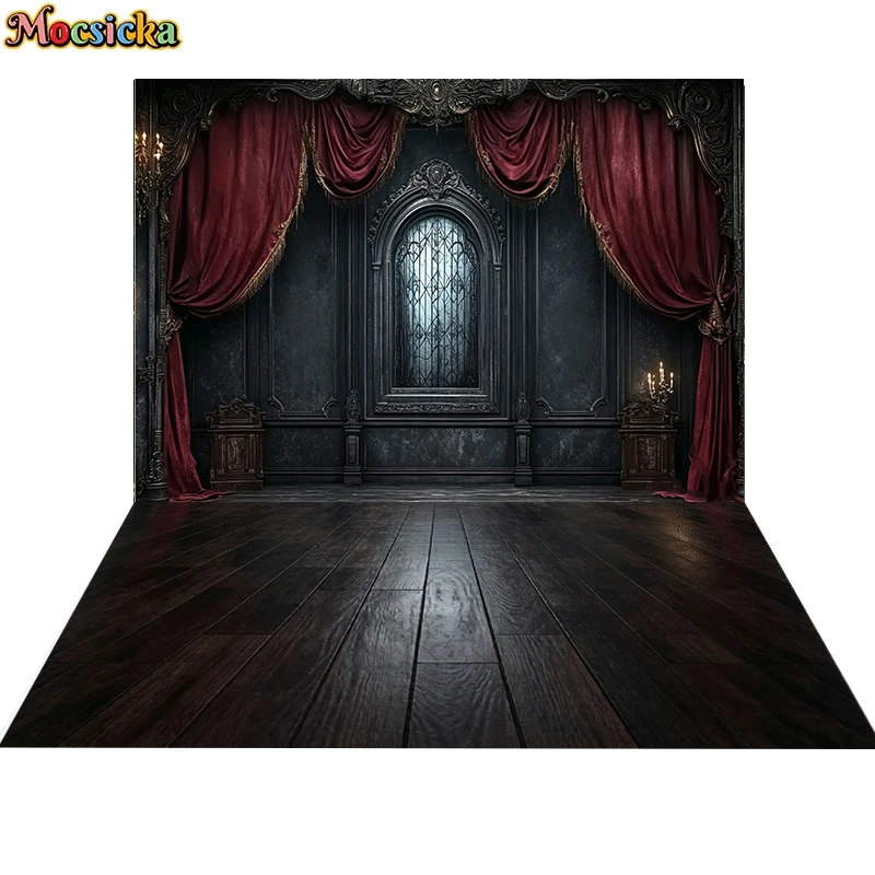 Mocsicka Halloween-Fotografie-Hintergrund Retro-Gotisches Schloss Innenraum Vorhänge Verziertes Fenster Dunkler Holzboden Foto-Hintergründe