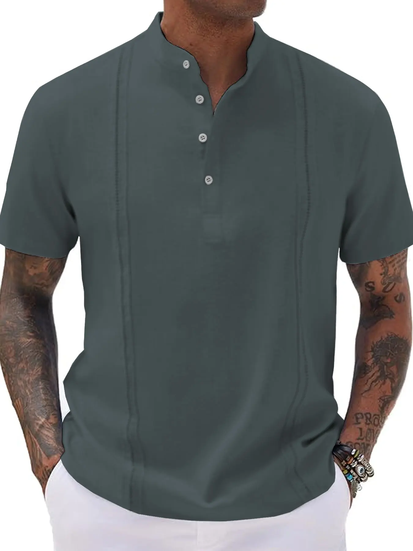 Men's short sleeved shirt Popular striped polo shirt Solid color half cardigan button up stand up collar top Hot sale Men's wear