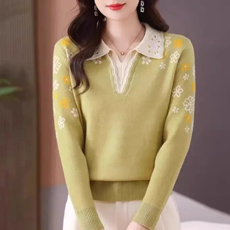 

Женский новый осенний модный вязаный свободный универсальный повседневный топ с длинными рукавами и лацканами с принтом