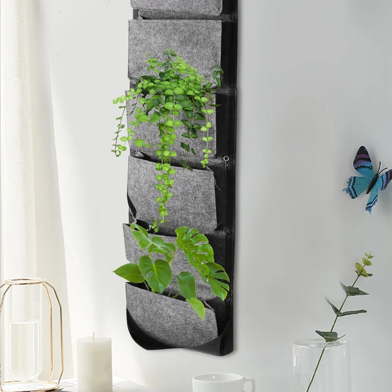 Vertical Planting Pouch 6 Pockets Wall Hanging Garden Planter Flower Pots Large Felt Bags For Home Garden Decor