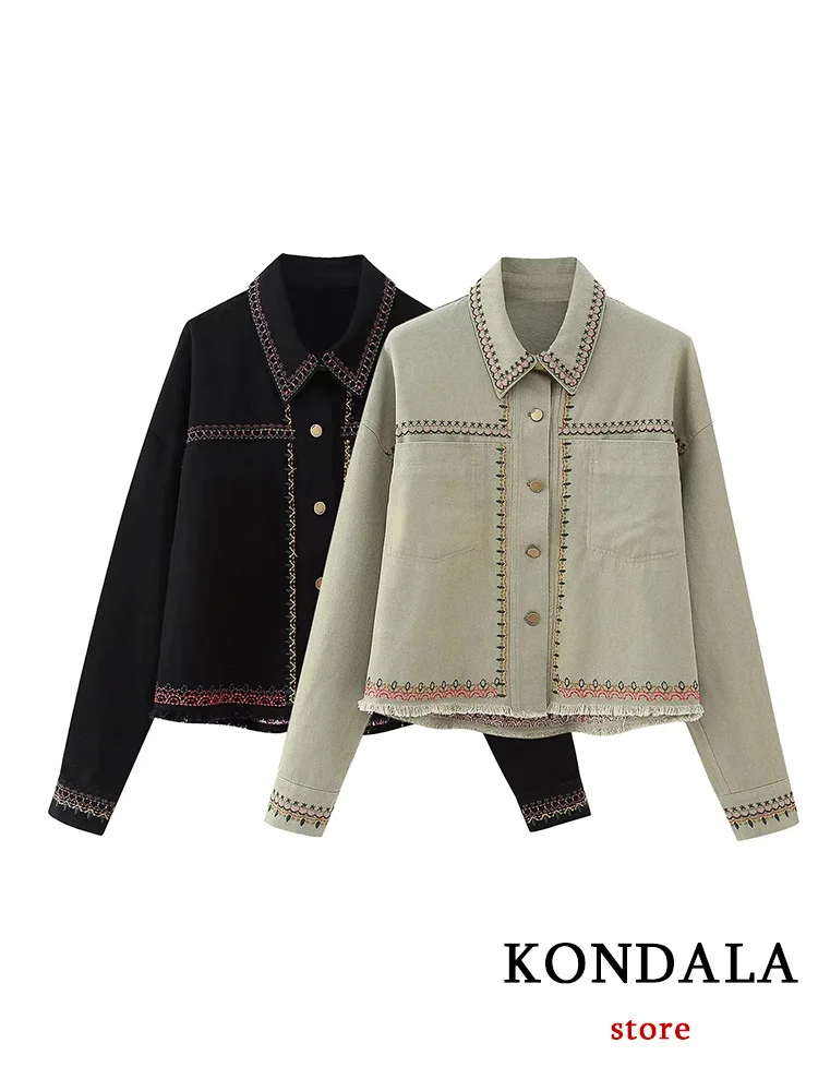 KONDALA Vintage Casual Chic Women Jackets Solid Embroidery Turn-down Collar Single Breasted Coat New Fashion 2023 Autumn Coats