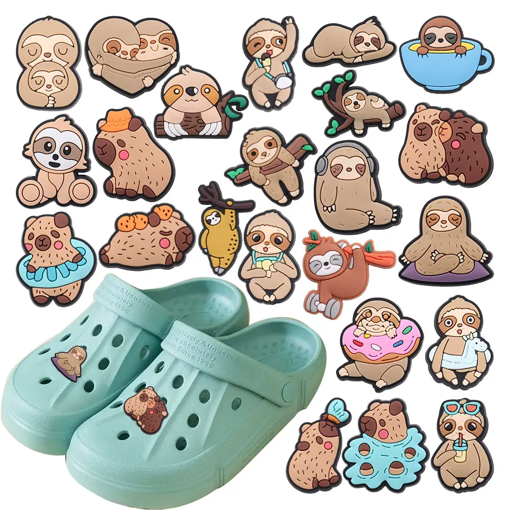 Single Sale 1pcs PVC Lovely Cartoon Animal Sloth Donut Cup Shoe Charms Fit Wristbands Garden Shoes Button Decorations Kid Gift