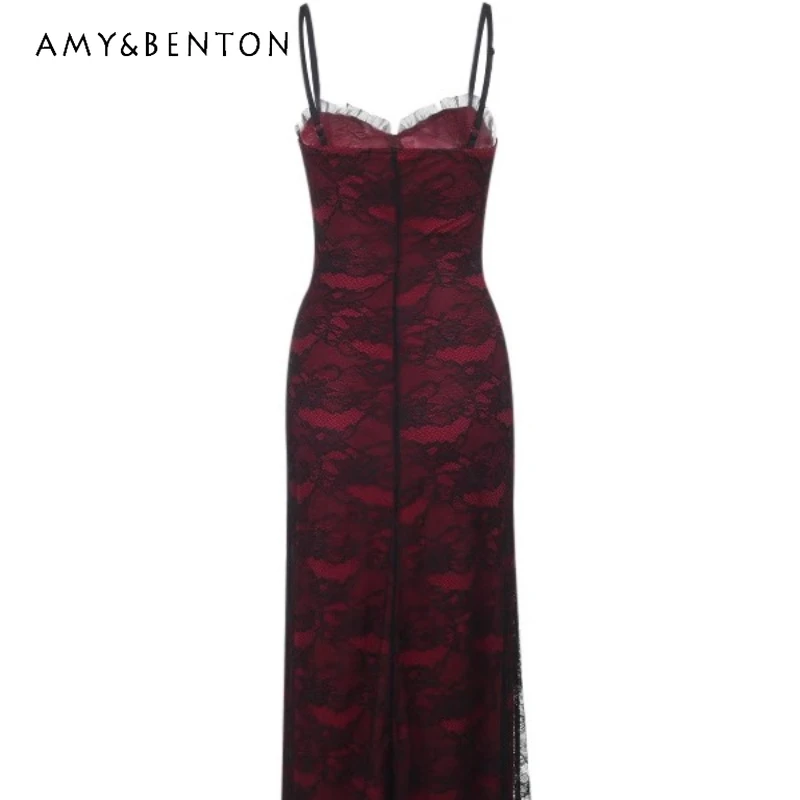 

Gothic Sweet Cool High Waist Women's Sling Dress Original Design 2025 New Red Lace Splicing Slimming Thin Sexy Dresses Ladies