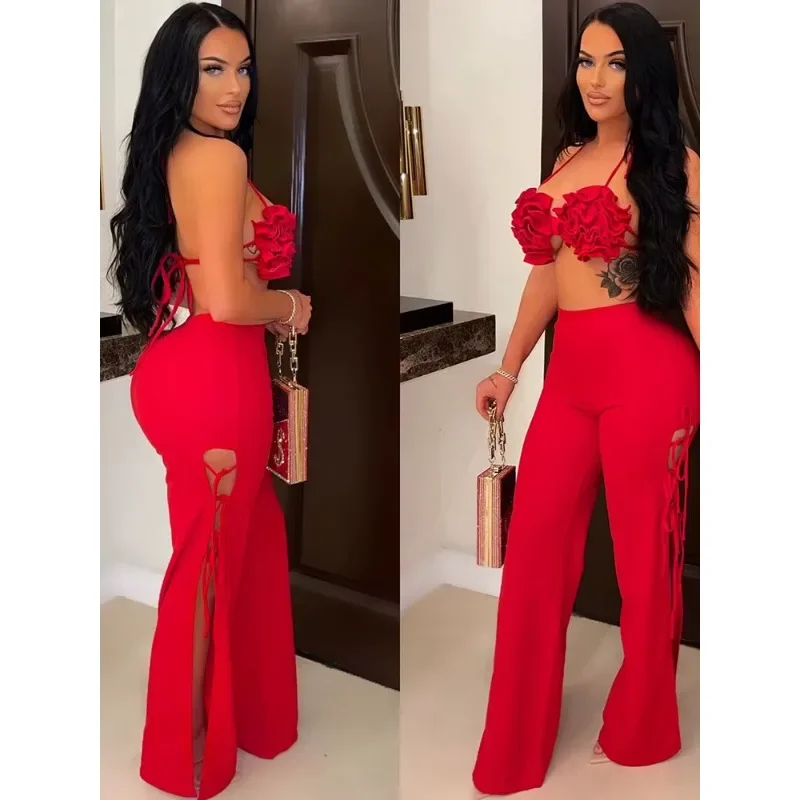 

2025 Summer Women 2 Piece Set Floral Bra Tops and High Side Split Lace Up Wide Leg Pants Set Sweatsuit Tracksuit Outfits