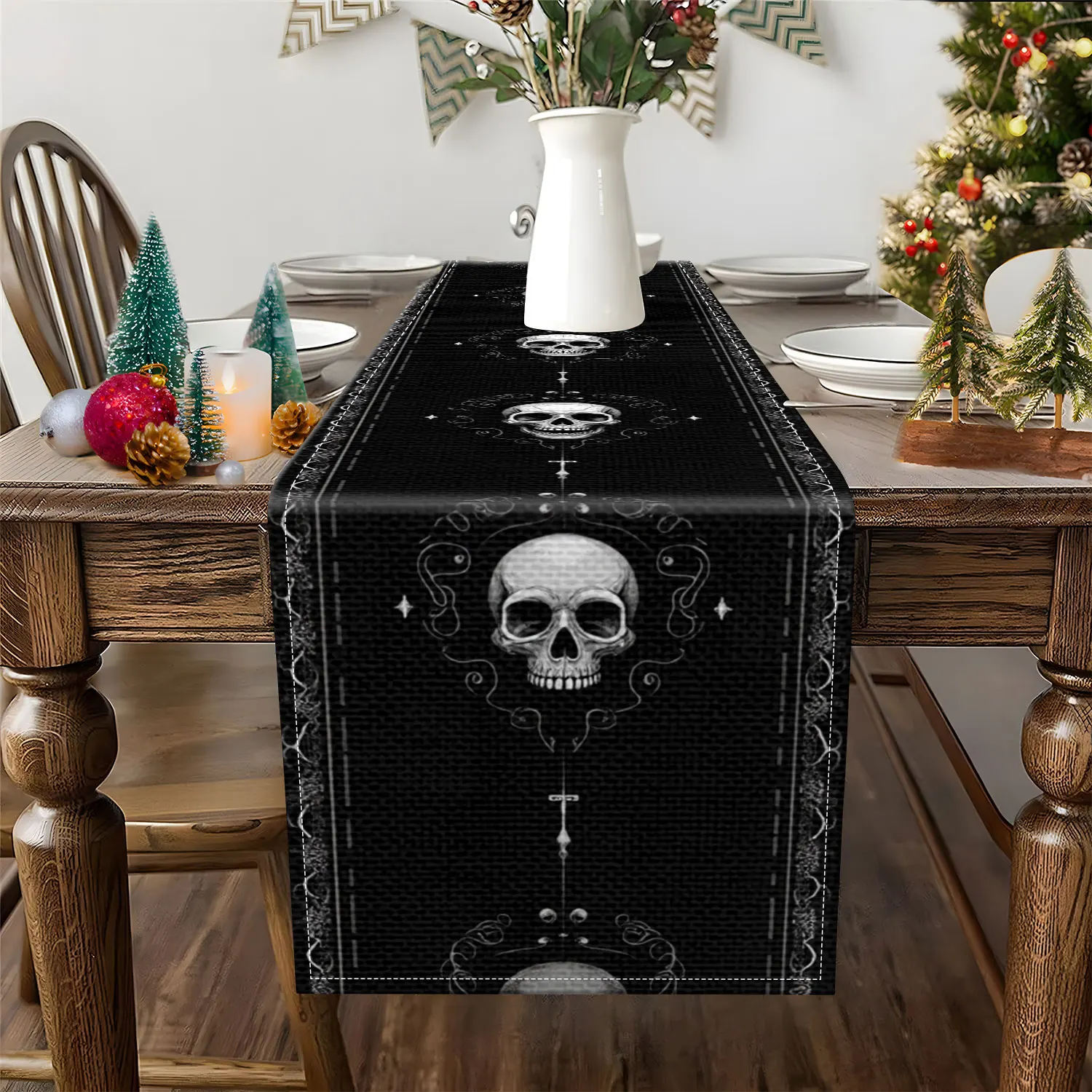 1 Halloween Table Runner, with Black and White Skull Pattern, Suitable for Holiday Table Decoration