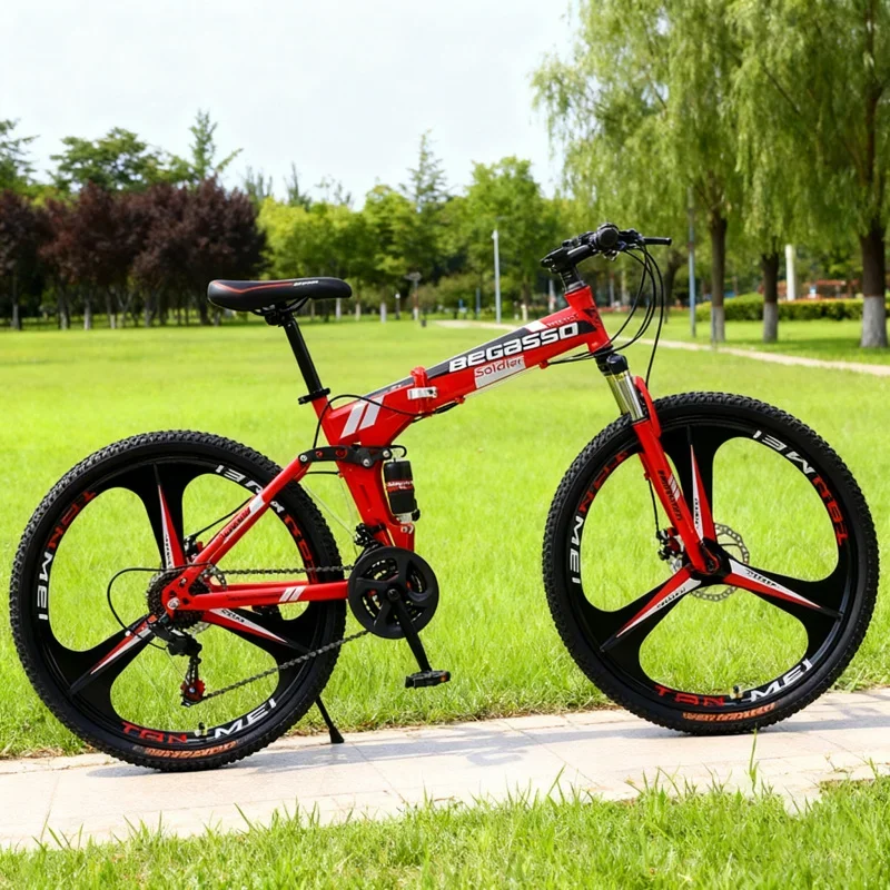 

Adult Folding Mountain Bike High Configuration Three-Knife Wheel Red Cross-Border Wholesale Variable Speed Soft T