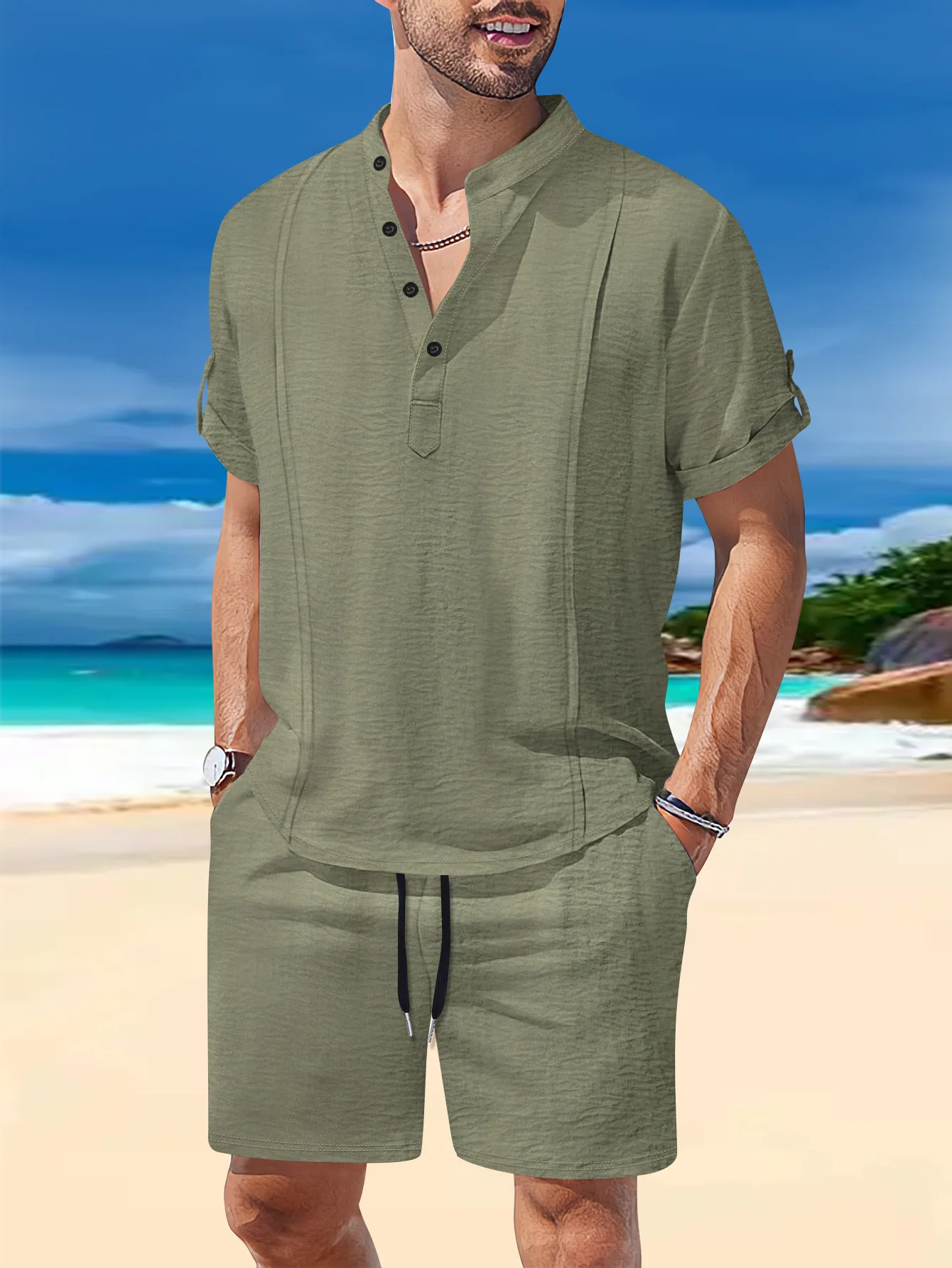 Men's Suit: Fashionable Beach Stand-Up Collar, Solid Color Button, Pullover, Short Sleeve, Drawstring Pocket Shorts