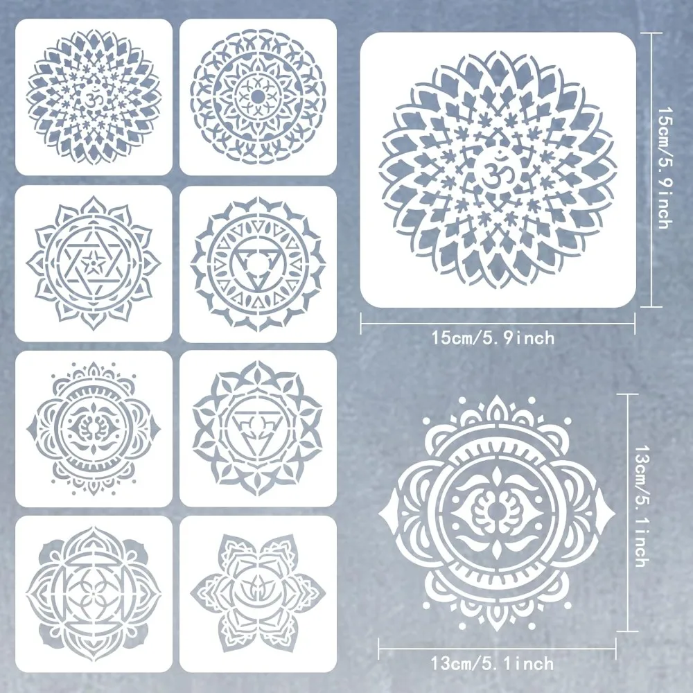 8PCS Chakra Symbol Stencil 5.9x5.9 inch Plastic PET Mandala Flower Stencil Reusable Yoga Meditation Floral Craft Stencil