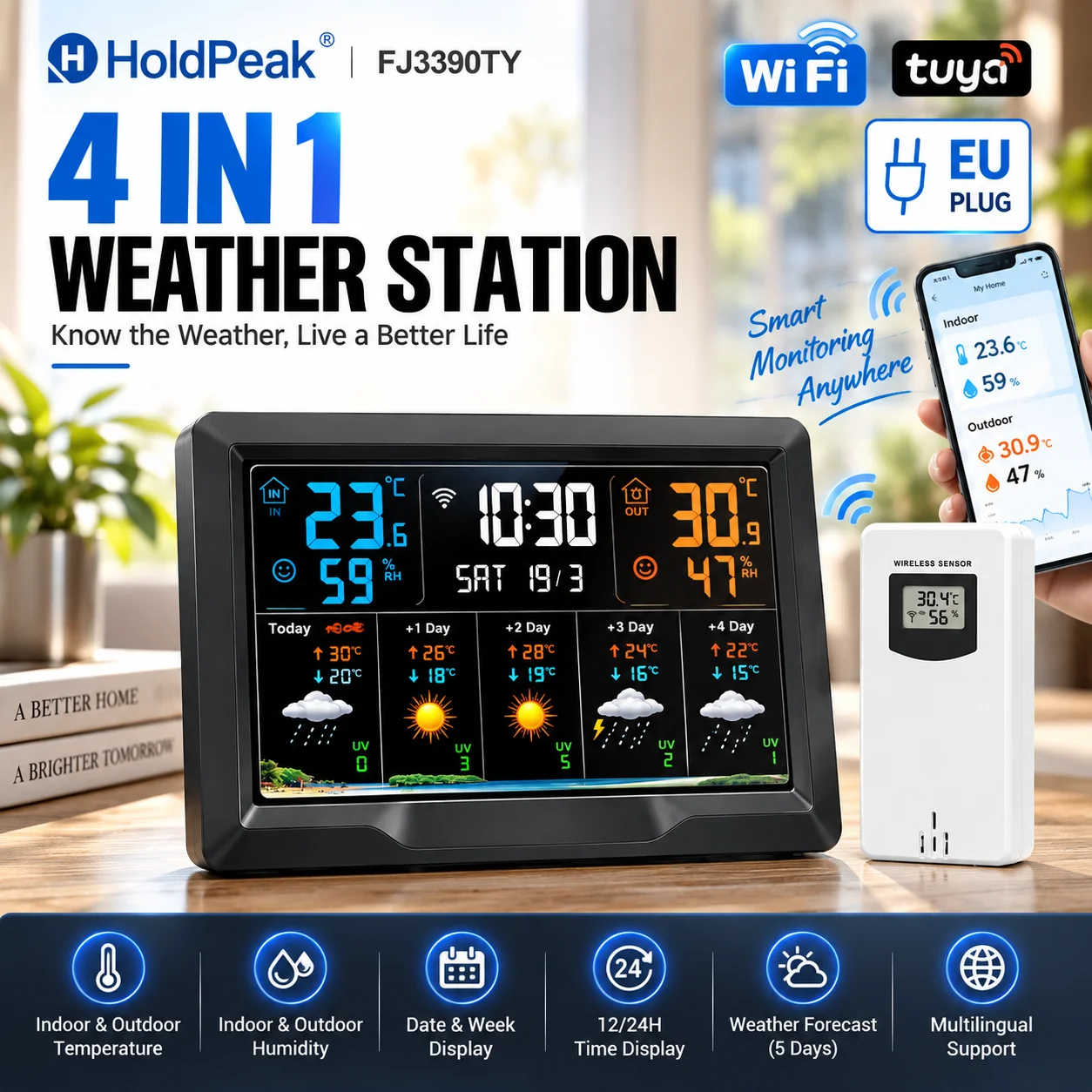 WiFi Weather Station with Wireless Sensor Tuya APP Indoor Outdoor Thermometer Hygrometer 5-Day Forecast Temperature Humidity