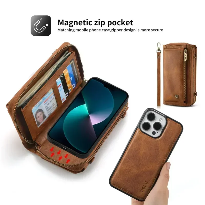 Luxury Leather Zipper Wallet Card Phone Bag for IPhone 15 Pro Max 14 Plus 13 12 11 SE XS XR X 8 7 6S Lanyard Flip Case Cover