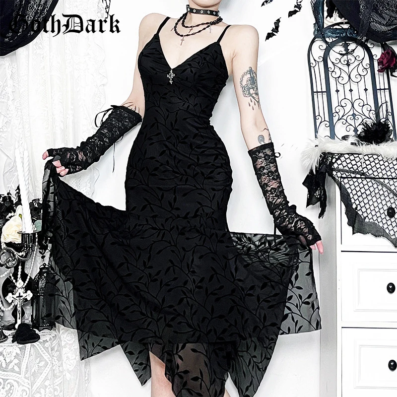 

Goth Dark Cyber Y2K Partywear Harajuku Fashion Flocking Print Cross Straps Dress Mall Gothic Pleat Hem Bodycon Dresses Teachwear