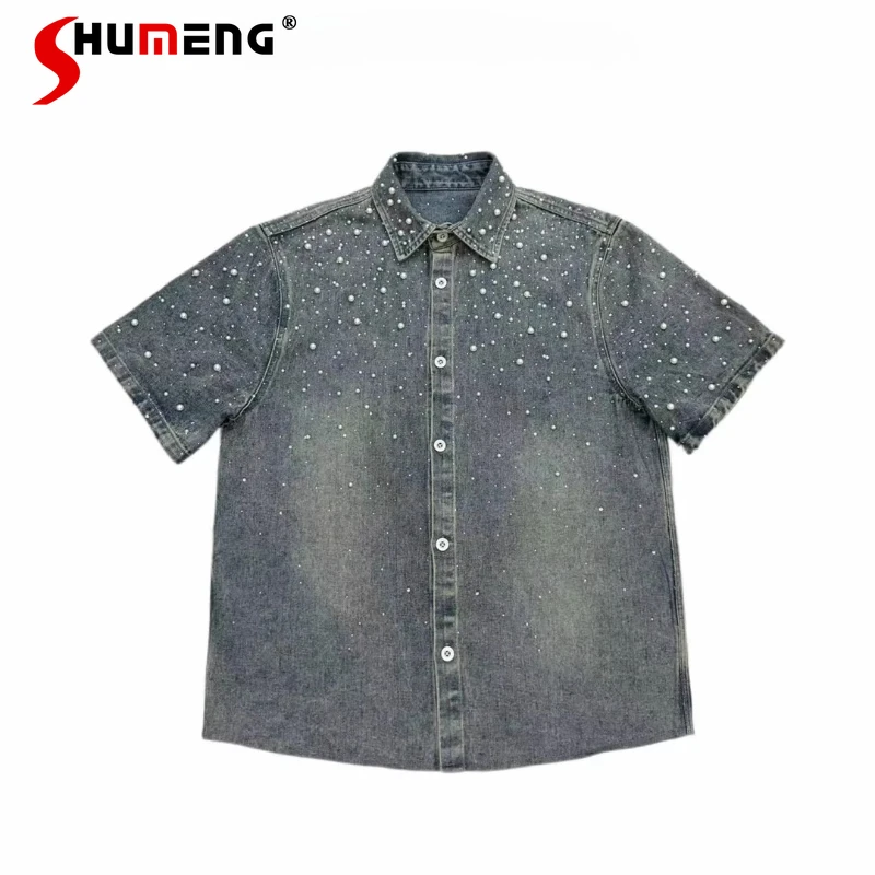 Men Women The Same 2025 Summer New Fashion Men's Original Rhinestone Pearl Shirts Denim Short Sleeve Handsome Chic Shirt Jackets
