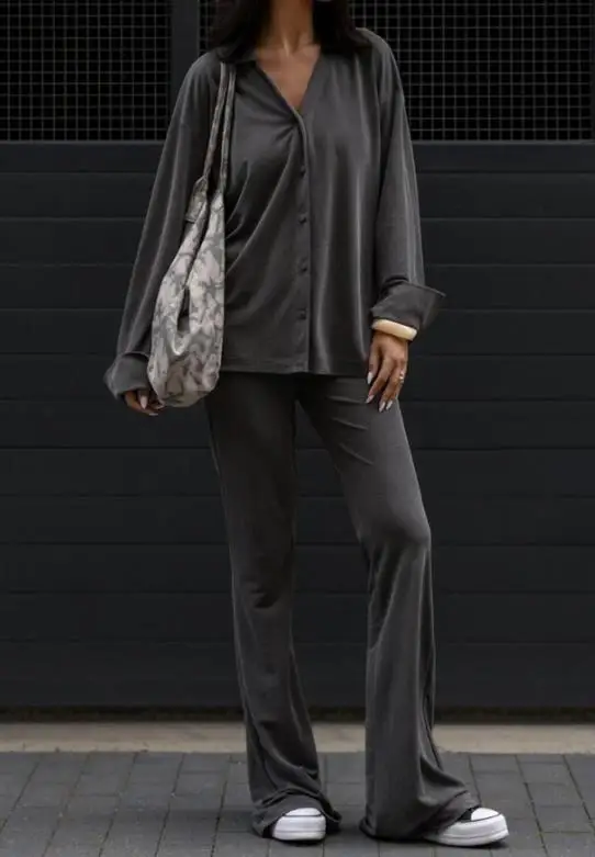 

Комплекты из 2 предметов, осень-зима 2025 года, элегантный модный повседневный стиль для отдыха, рубашка с длинными рукавами, комплект с длинными брюками, женская одежда