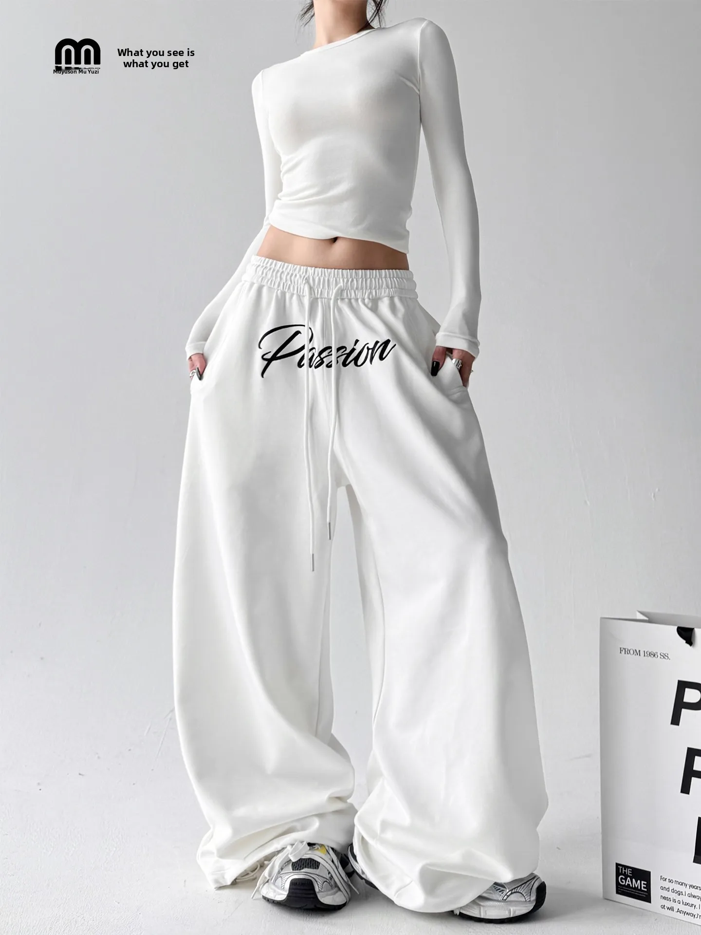 

Loose White Embroidered Sport Pants Women's High Waist Jazz Dance Pants Neutral Sli Wide Leg Retro Sle Casual Trousers