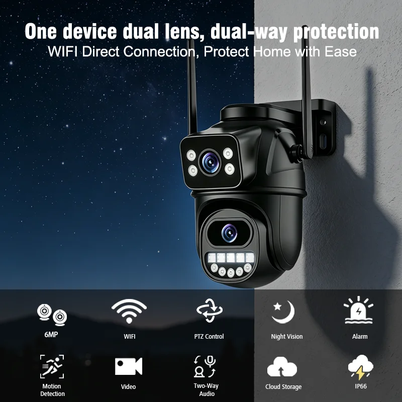 New Outdoor Waterproof Dual Lens WiFi PTZ Camera CB02-H, 3MP+3MP, Bluetooth Pairing, Two-Way Talk, External Security Camera