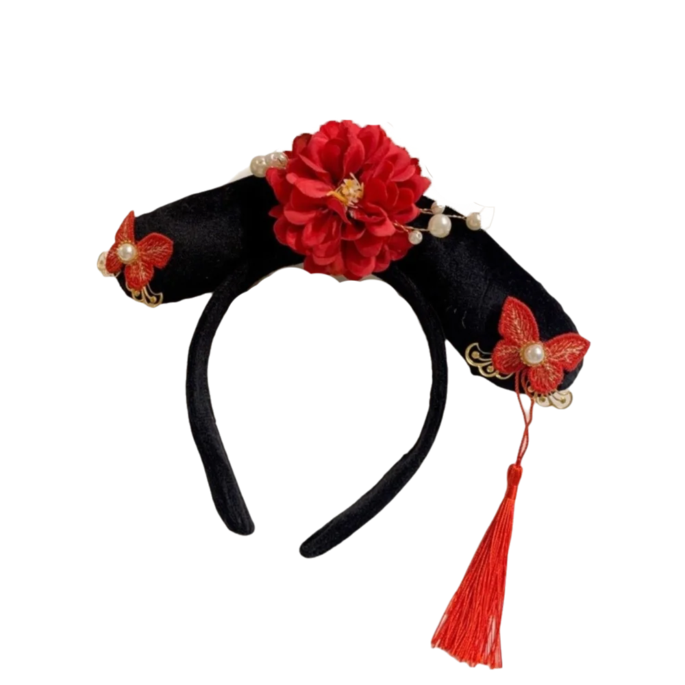 

Антикварная цветочная повязка на голову в стиле Ханьфу с жемчужными кисточками, китайский головной убор, бантик-корона, обруч для волос в старинном стиле для женщин