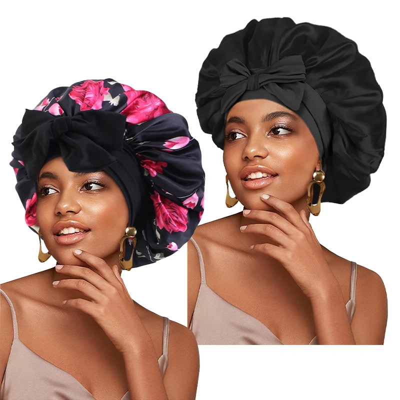 2psc nouveau Bonnet en Satin pour femmes Bonnet en Satin cheveux nuit Bonnet de sommeil cravate bande CurlyHat écharpe enveloppement cheveux bouclés Bonnets beauté