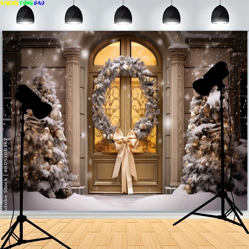 Christmas Day Wreach Snowflake Photography Backdrops Front Door Winter New Year Cottage Living Room Decoration Background DD-07
