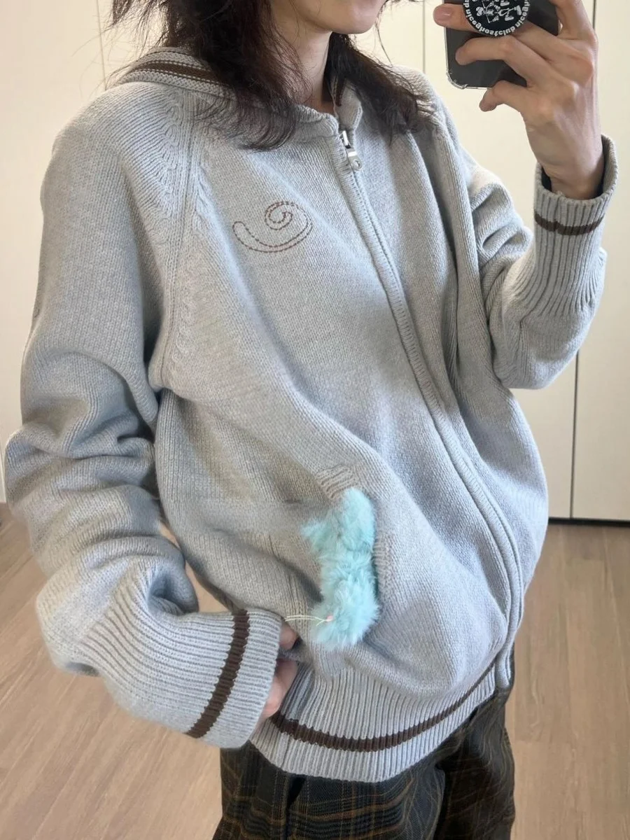 

Color Blo Knitted Sweater Hooded Spor Casual Top Coat Unique SEI Jiang e Qi ular Colion Color Blo Long Sve Coat