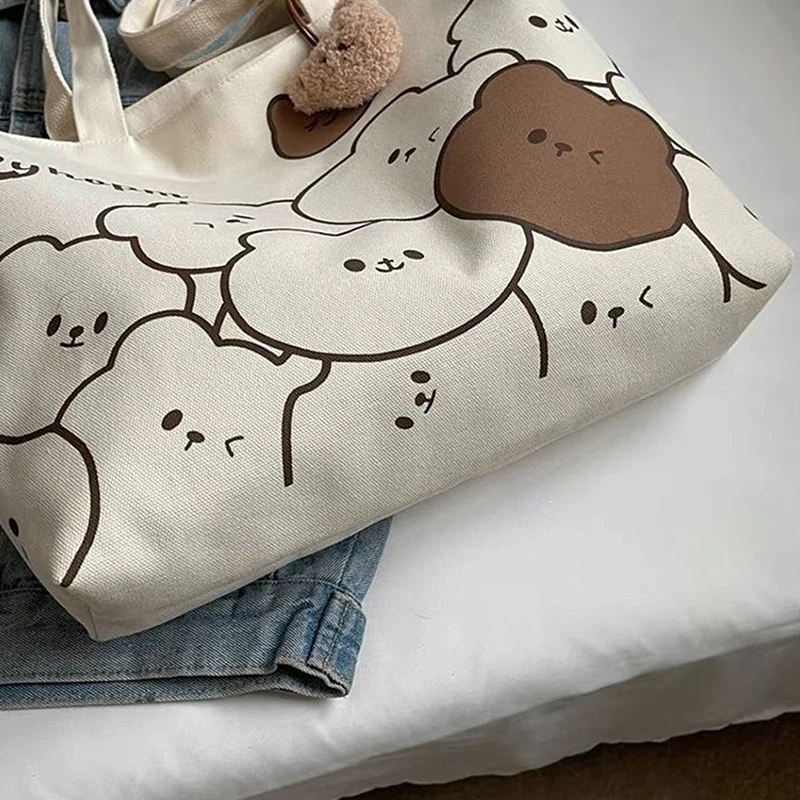 Bolsa de ombro de lona urso dos desenhos animados Tote de grande capacidade Bolsa de escola Casual Bolsa de axilas