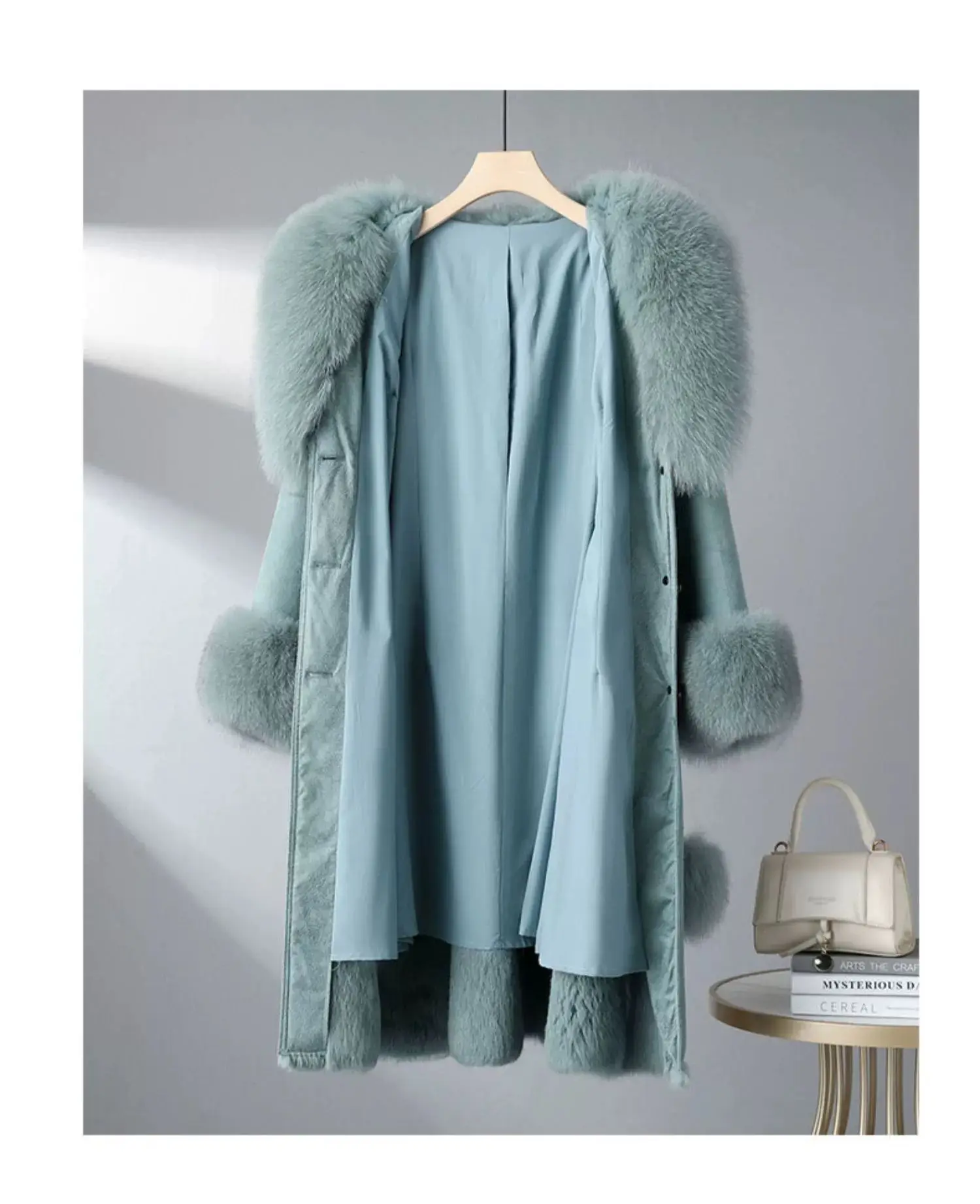 2023 New Rabbit Fur One Piece Coat for Women Mid length Fox Fur Collar Lace up Slim Fit Haining Fur Coat for Women