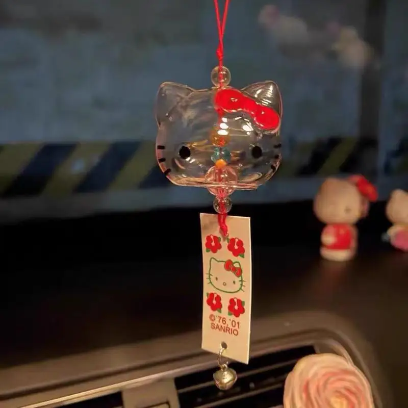 Kawaii Hello Kitty Glass Wind Chime Anime Fashion Sweet Sanrios Girls Car Pendant Room Window Accessories Birthday Gifts Toys