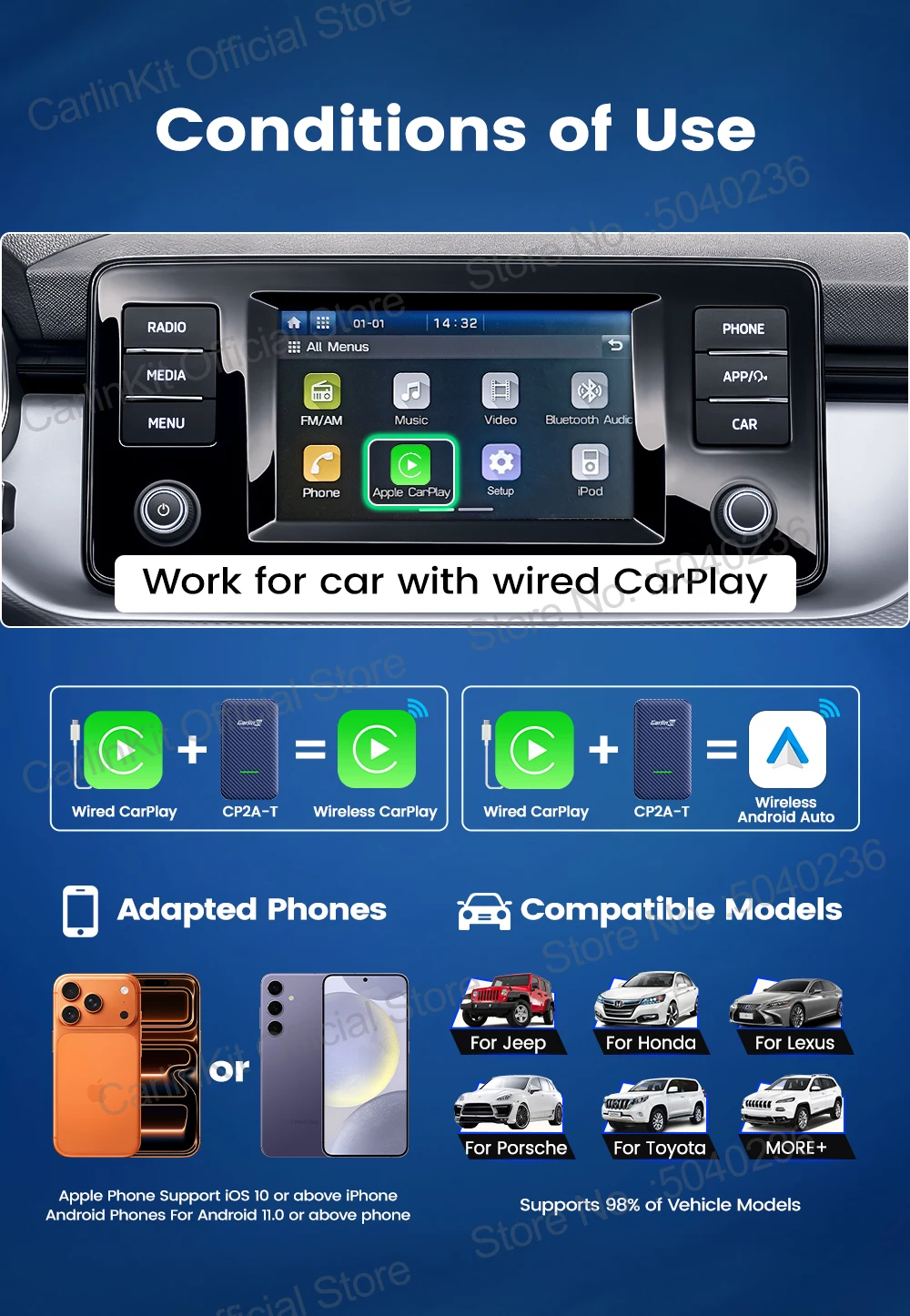 CarlinKit 4.0 CP2A 2-in-1 CarPlay Android Auto Wireless Adapter für kabelgebundene CarPlay-Fahrzeuge BT Wifi 5GHz Online-Upgrade Smart Car Box – Detail 3