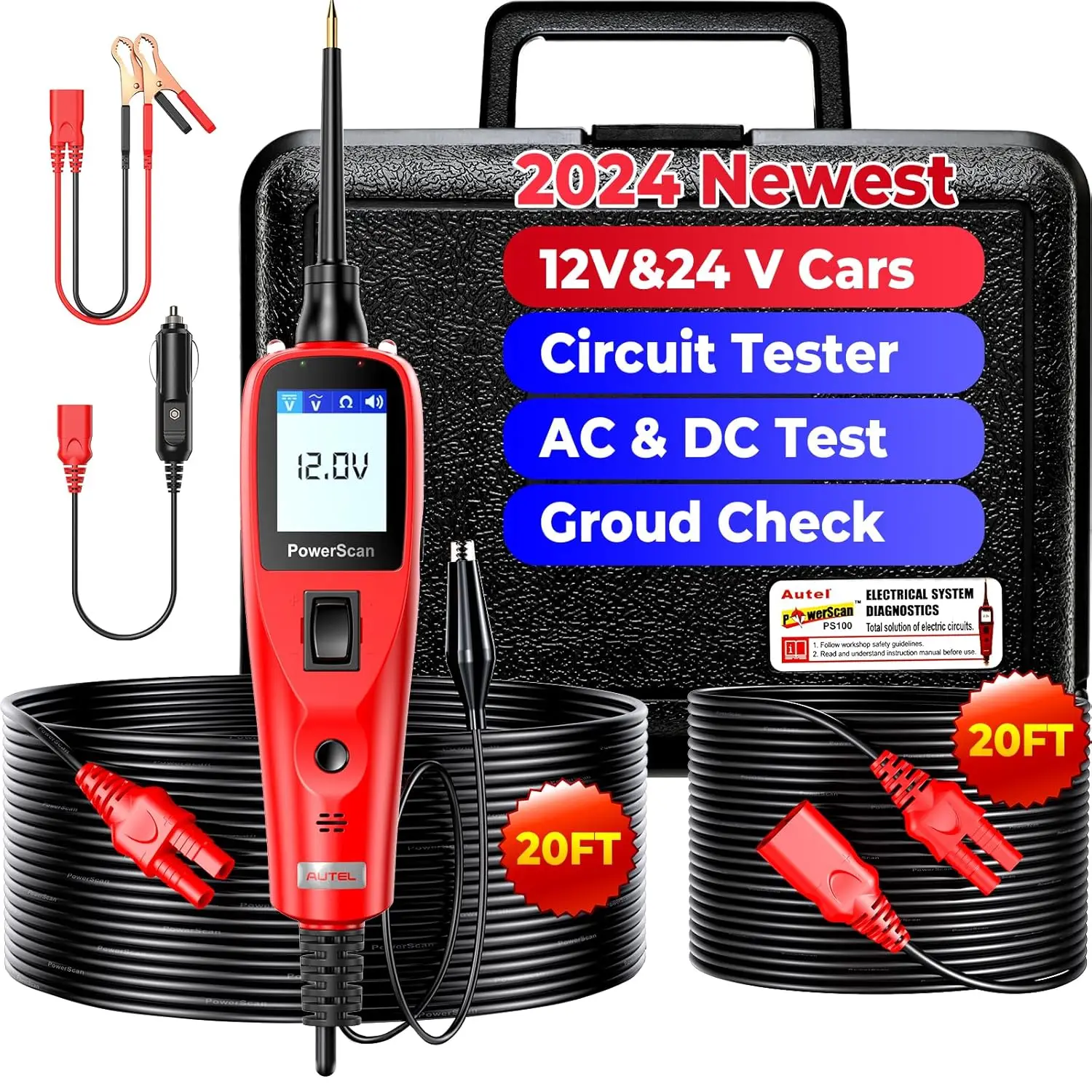 PowerScan Circuit Tester 2024, 12V 24V Automotive Power Circuit Probe Kit, Read AC DC Voltage Resistance PS100, for Frequency/Du