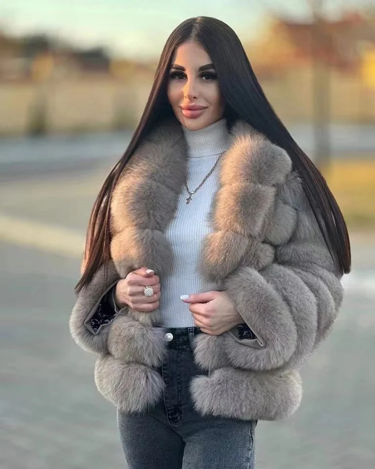 Jaqueta Real Fox Fur feminina, mangas destacáveis, lapela grande, quente e elegante, inverno