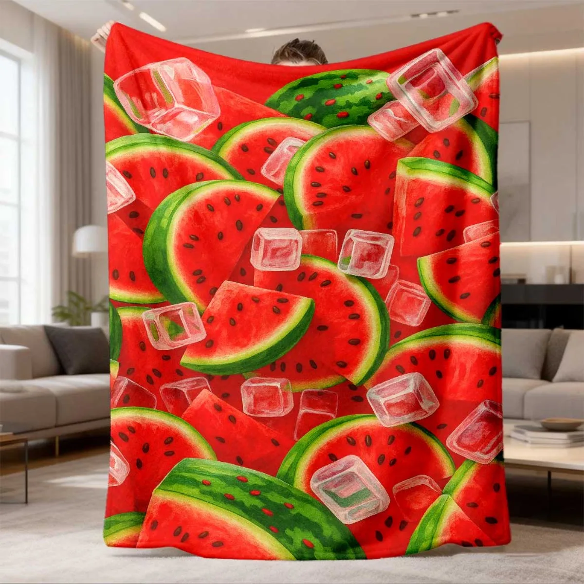 Summer Watermelon Ice Cube Flannel Blanket Soft Cozy Throw Blanket Fresh Fruit Print Bed Sofa Cover Holiday Home Decor Gift