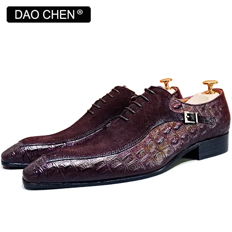 Luxury Brand Men Oxford Shoes Lace up Split Toe Brown Black Mens Dress Shoes Suede Mix Crocodile Print Leather Shoes Men